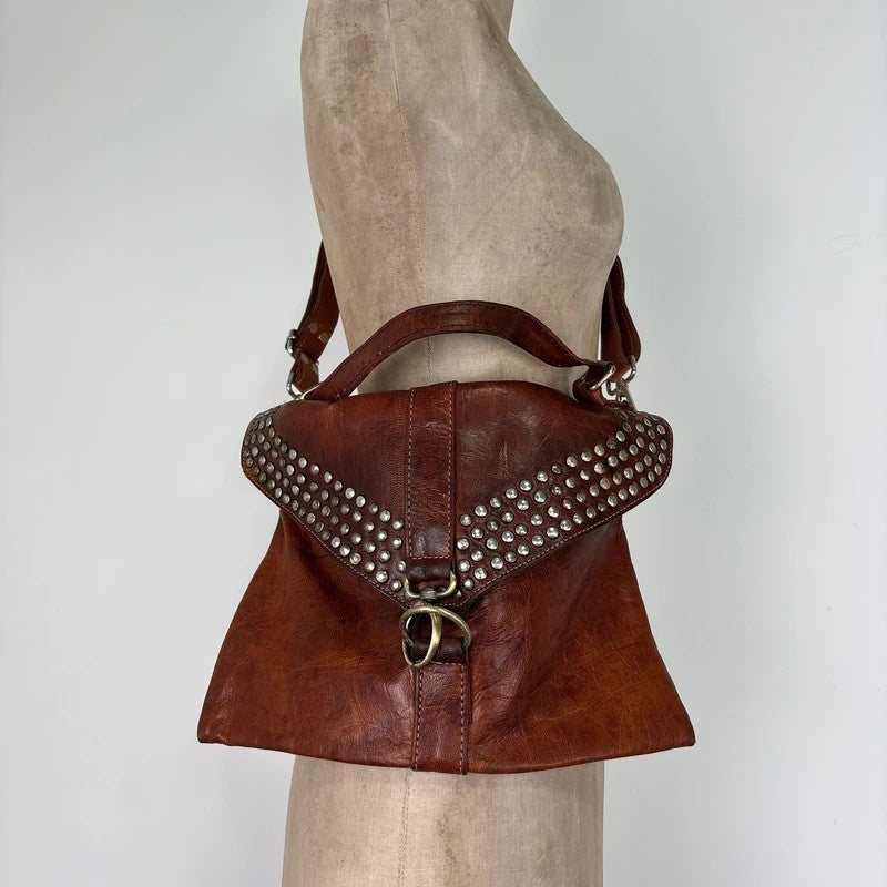 Studded distressed brown leather cargo messenger bag