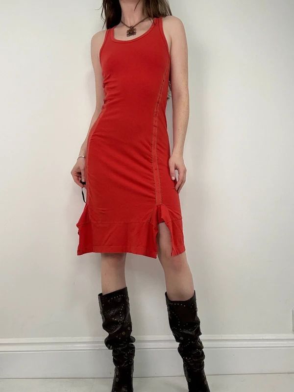 Marithé + François Girbaud gathered red midi dress