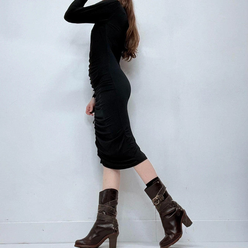 asymmetric black pleated midi dress