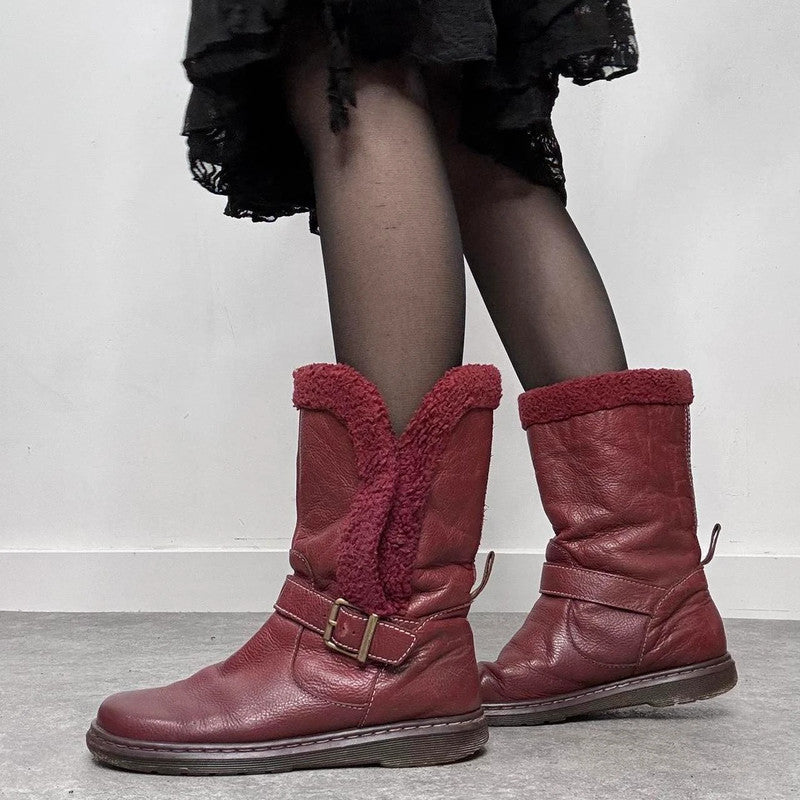 red leather chunky buckle boots