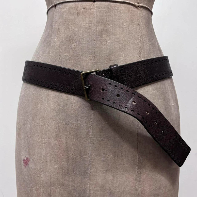 brown leather flower engraved belt