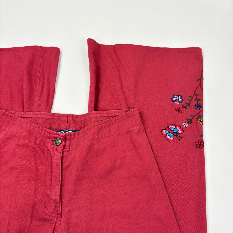 red cotton wide leg flared embroidered trousers