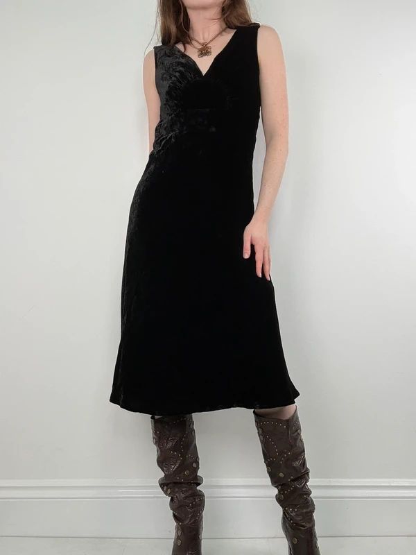 black velvet fitted flared midi dress