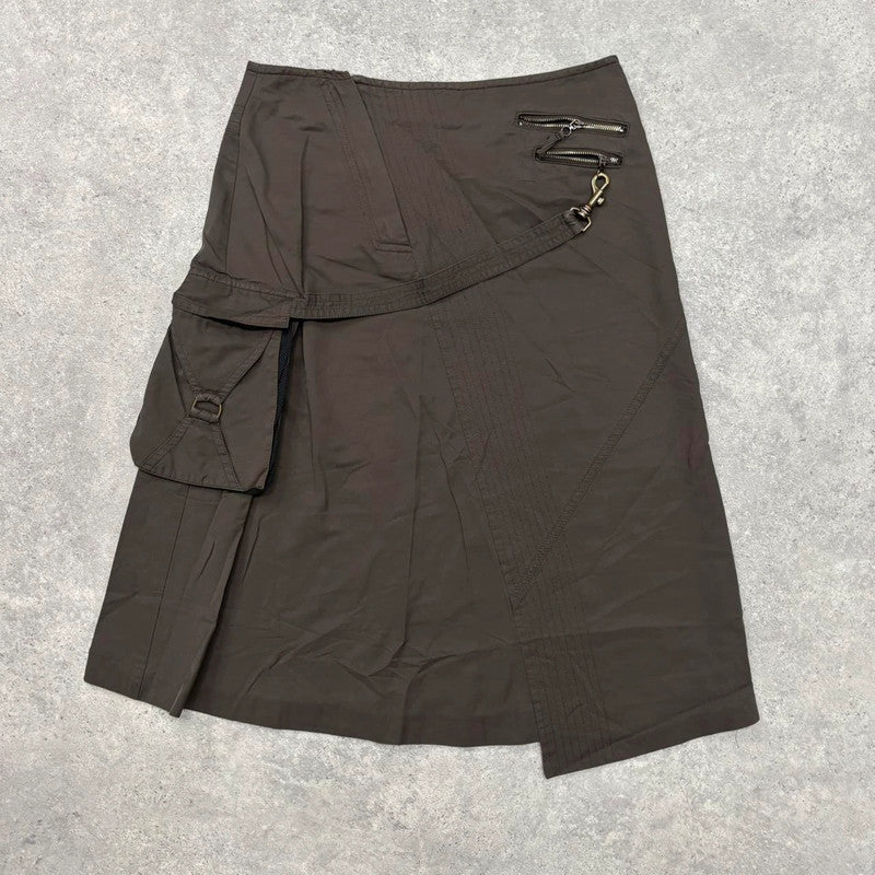 brown pinstripe flared cargo midi skirt