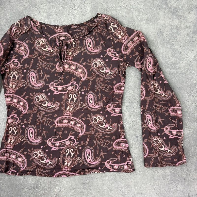 brown and pink paisley flared cotton boho shirt