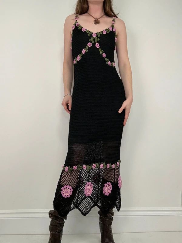 rene derhy crochet floral black summer maxi dress