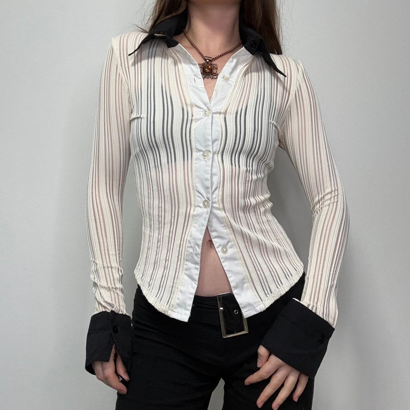 fitted ribbed sheer pinstripe shirt