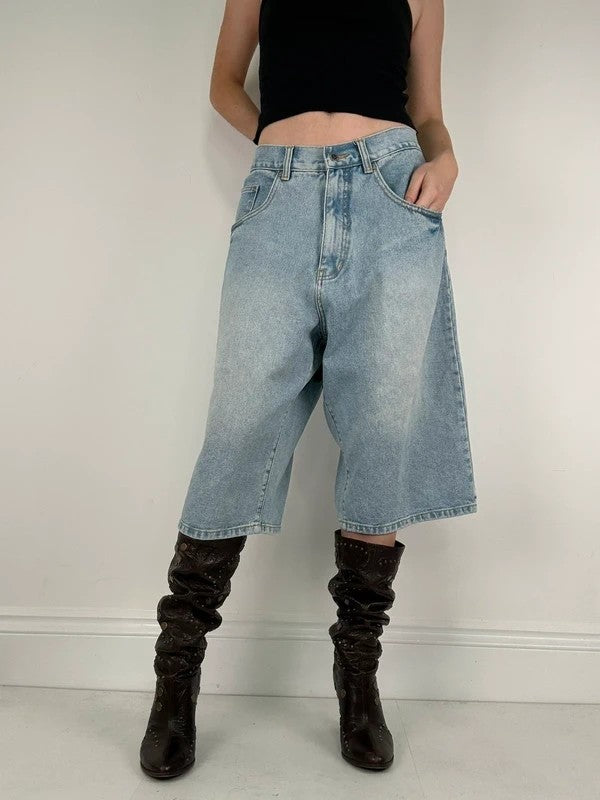 oversized wide leg denim jorts with graphic print