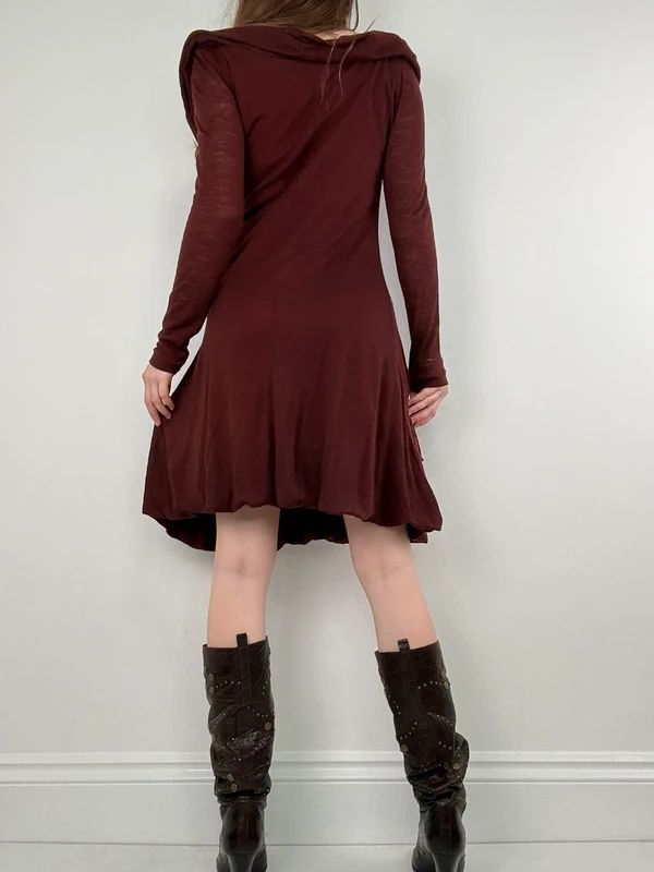 layered cinched long sleeve burgundy flared dress