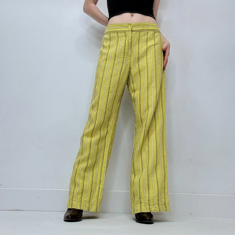 lime green pinstripe linen trousers