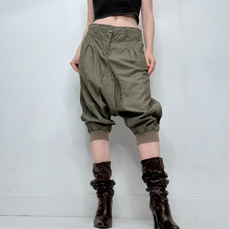 khaki drop crotch pleated balloon capri pants