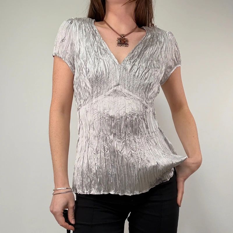 silver crinkle pleated blouse vest