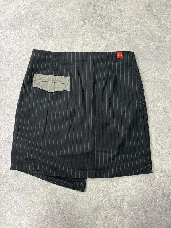 asymmetric deconstructed black pinstripe midi skirt