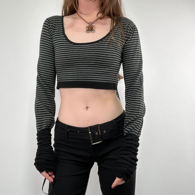 cropped pinstripe gathered engineered jumper