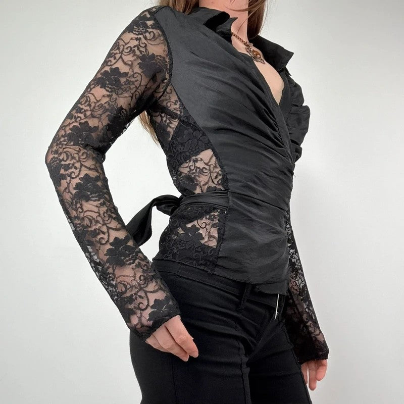 gathered lace wrap around shirt