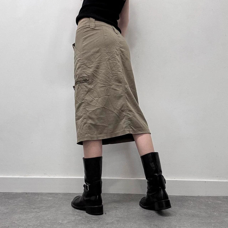 khaki cargo zipper midi skirt