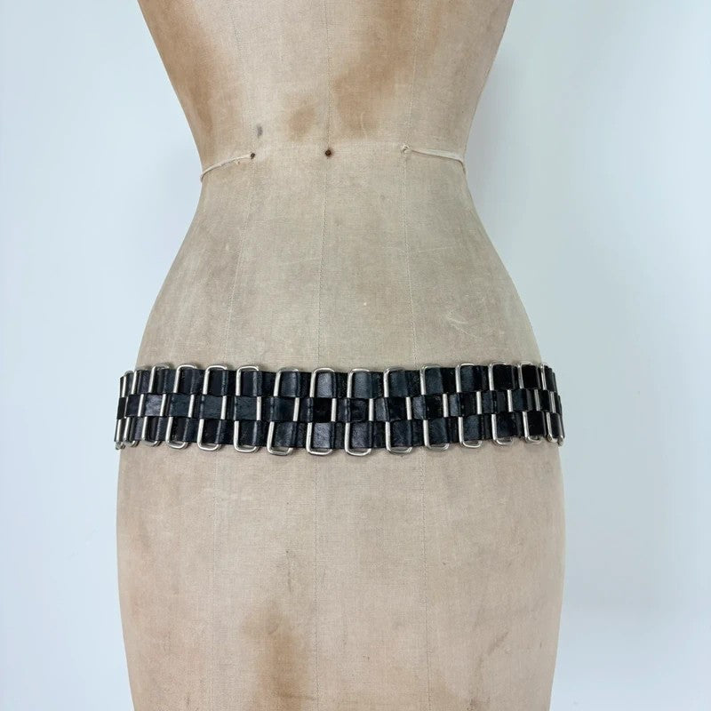 Black leather chunky metal belt