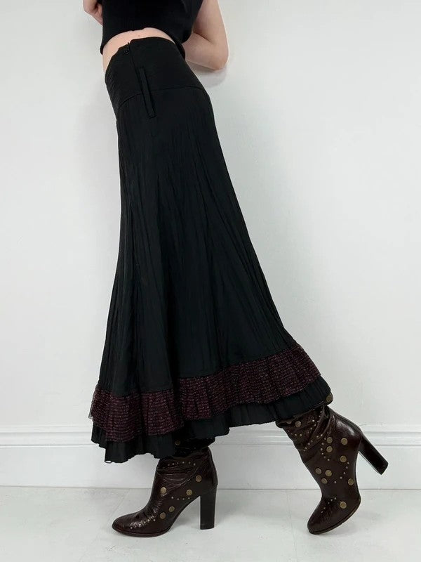 black crinkle flared pleated maxi skirt