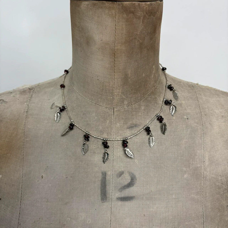silver bead draped leaf necklace