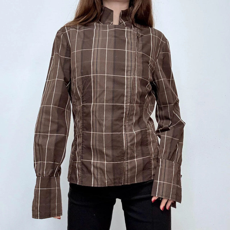 checked flared asymmetric zipper shirt