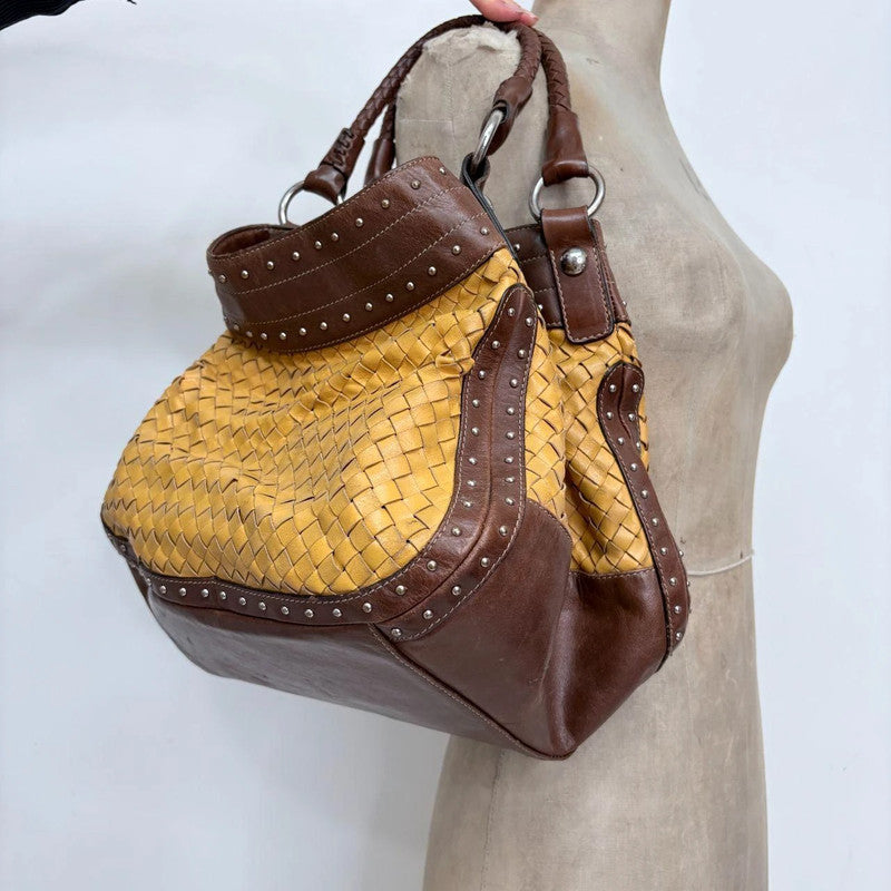 woven leather studded slouchy shoulder bag
