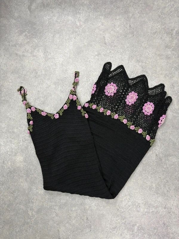 rene derhy crochet floral black summer maxi dress