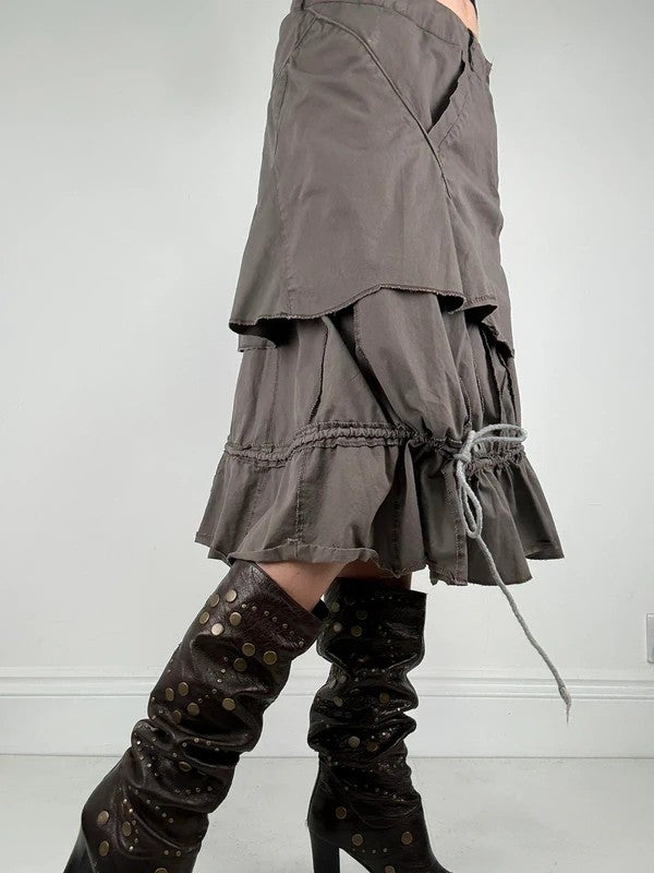 Khaki layered ruffle midi pleated skirt