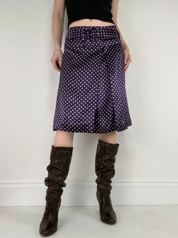 pleated silk polkadot flared midi skirt