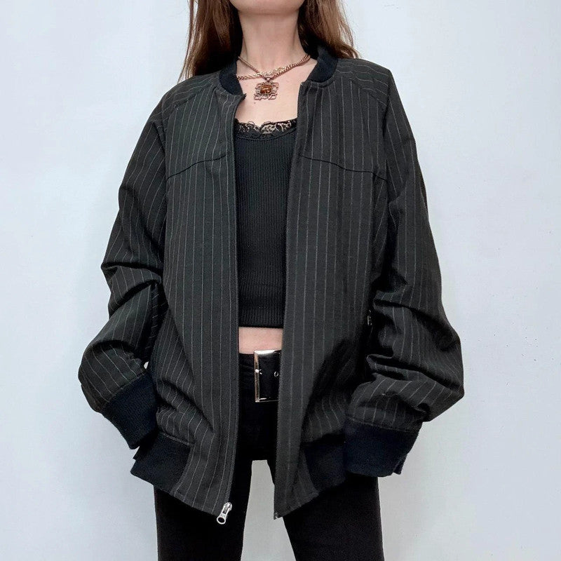 oversized pinstripe bomber jacket