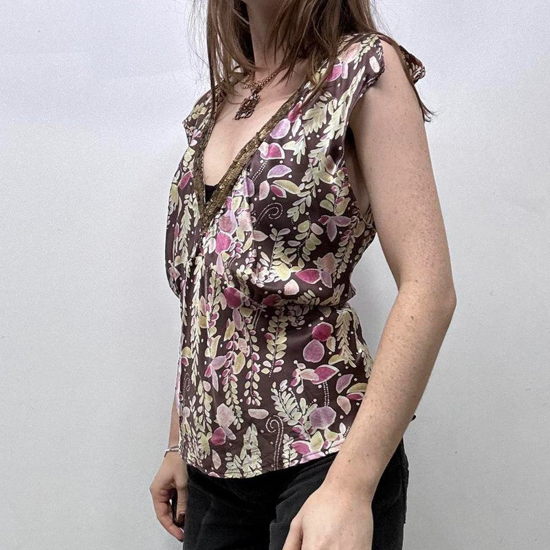 brown floral printed silk fairy top