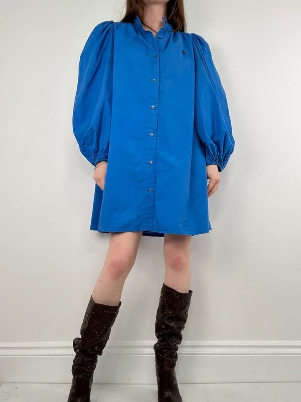 Blue cotton button puff midi shirt dress