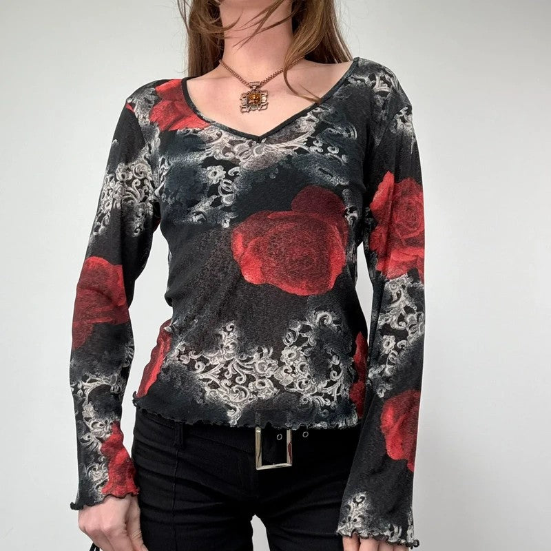 distressed floral rose print long sleeve mesh t-shirt