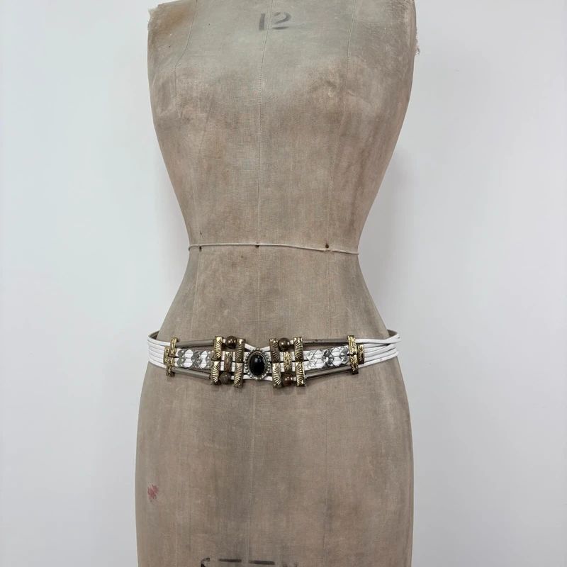 chunky metal boho white leather belt