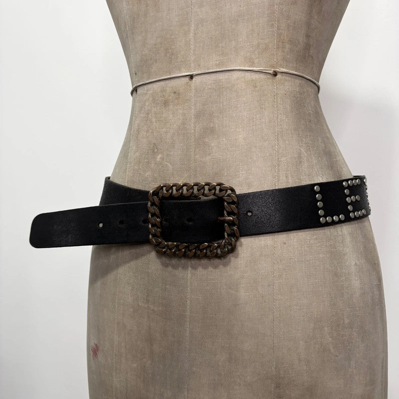 black leather studded spellout belt