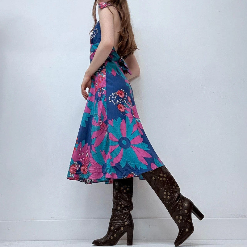 graphic flared silk summer floral dress