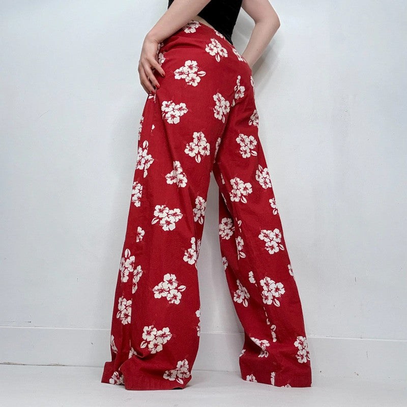 red cotton wide leg printed trousers