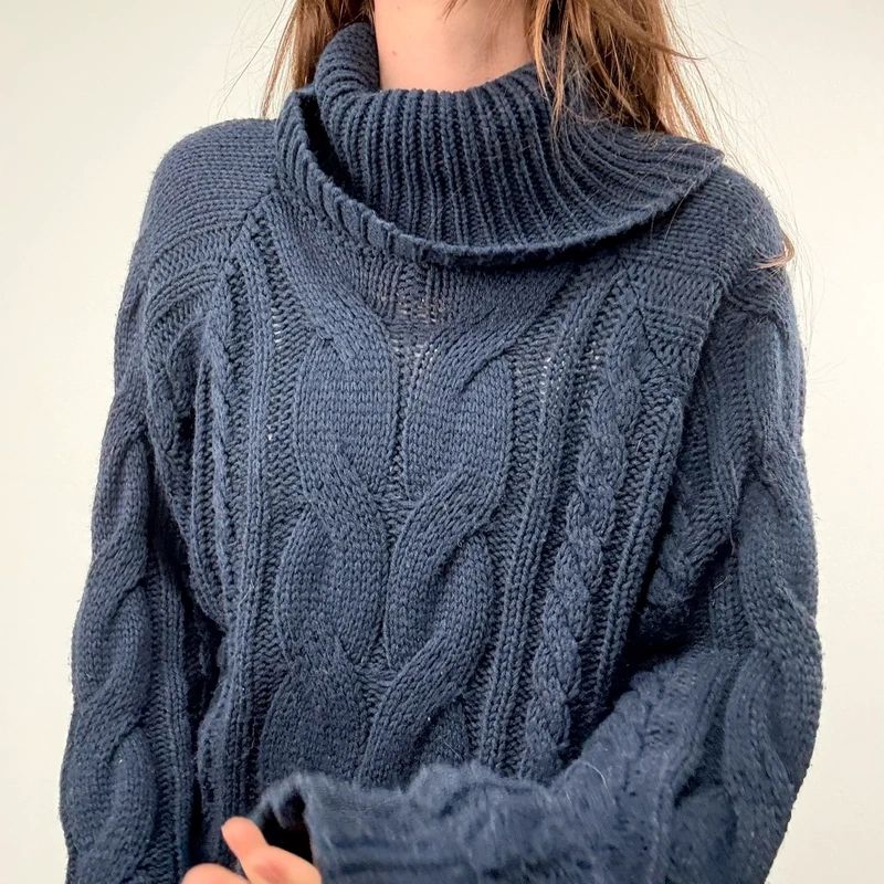 navy chunky cable knit turtle neck jumper