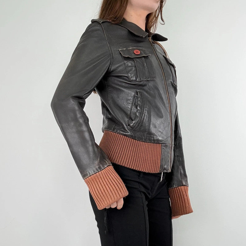 brown leather cinched ribbed waistband jacket