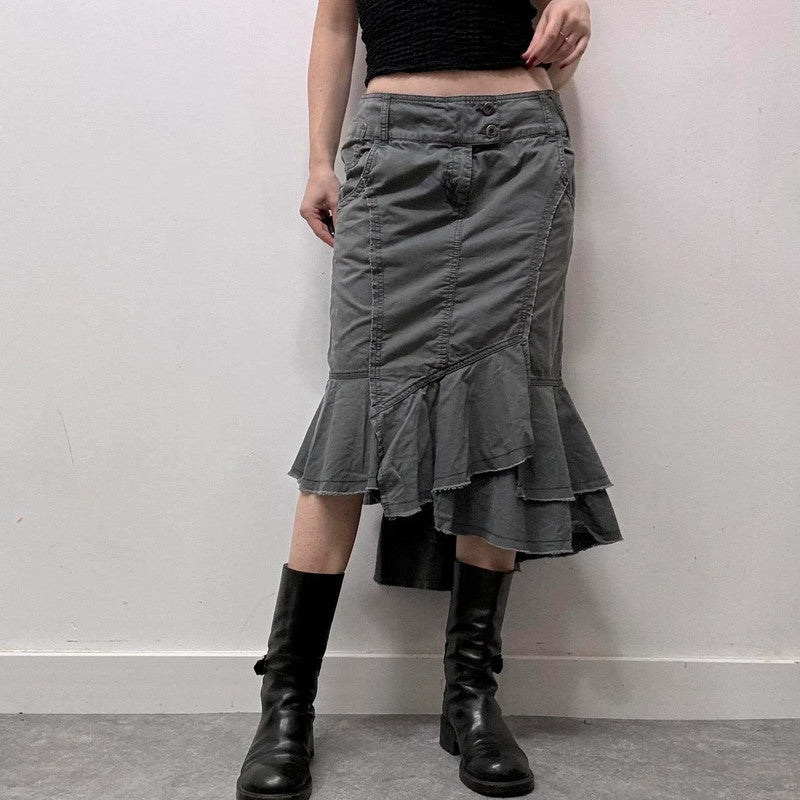 khaki denim asymmetric ruffle skirt
