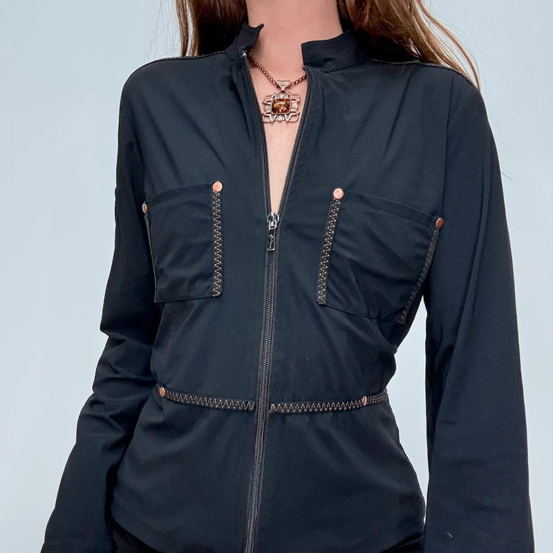 black fitted flared zip shirt