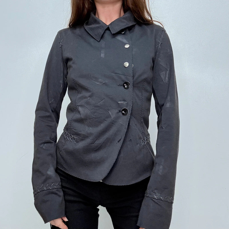 black distressed asymmetric military button jacket