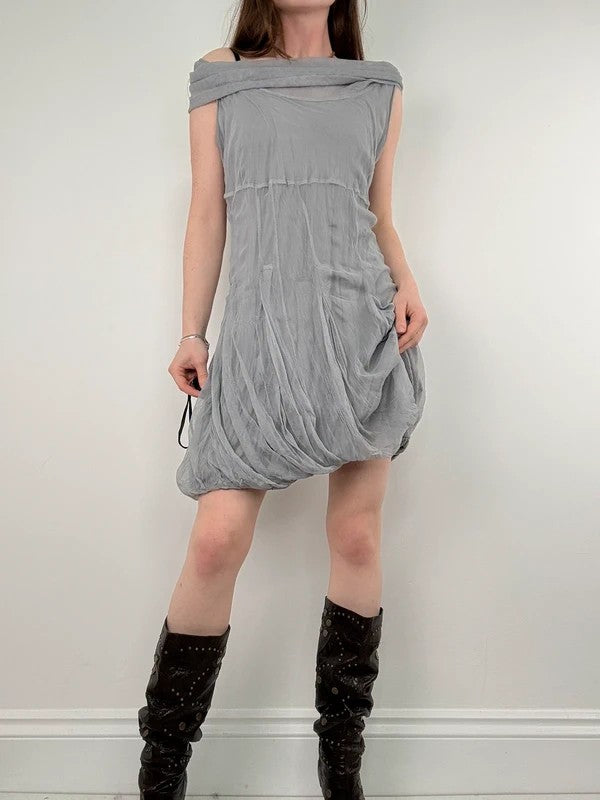 grey gathered slouchy puff midi dress