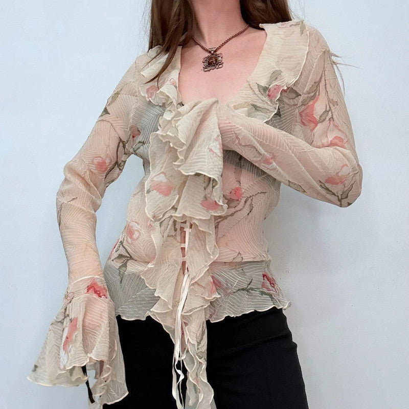 sheer crinkle flutter boho shirt