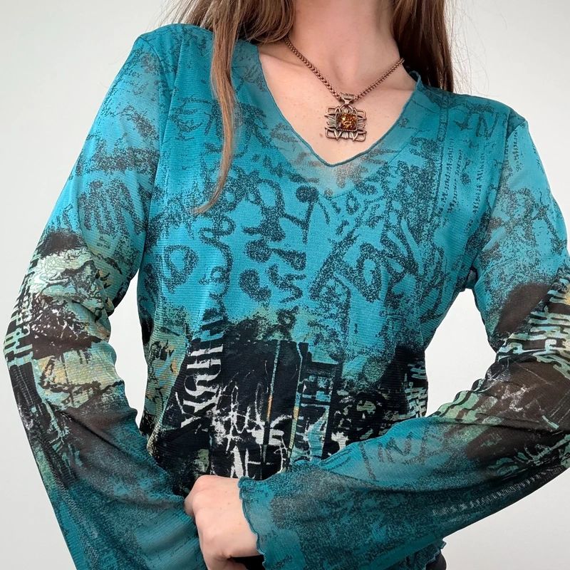 Graphic printed Grunge Mesh Top