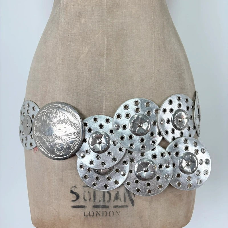 Silver leather studded circle belt