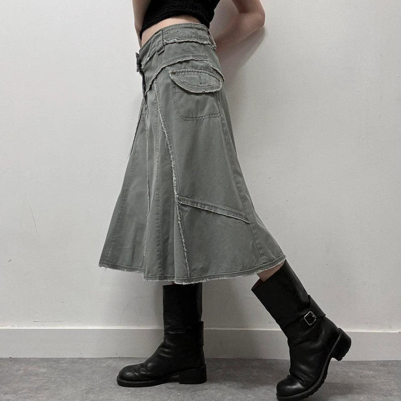 khaki denim distressed skirt