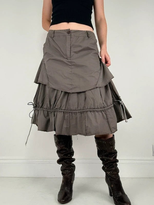 Khaki layered ruffle midi pleated skirt