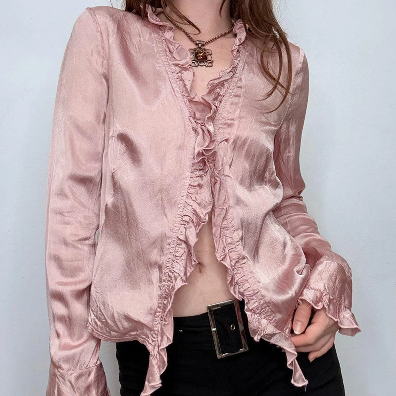 pink silky flutter flared shirt