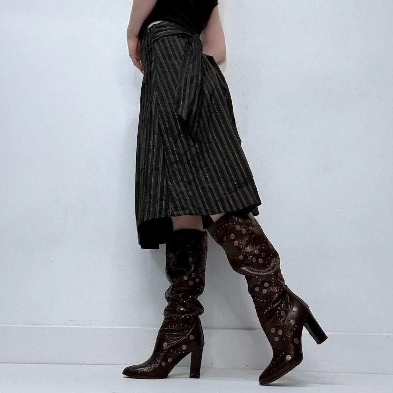 black pinstripe flared midi skirt