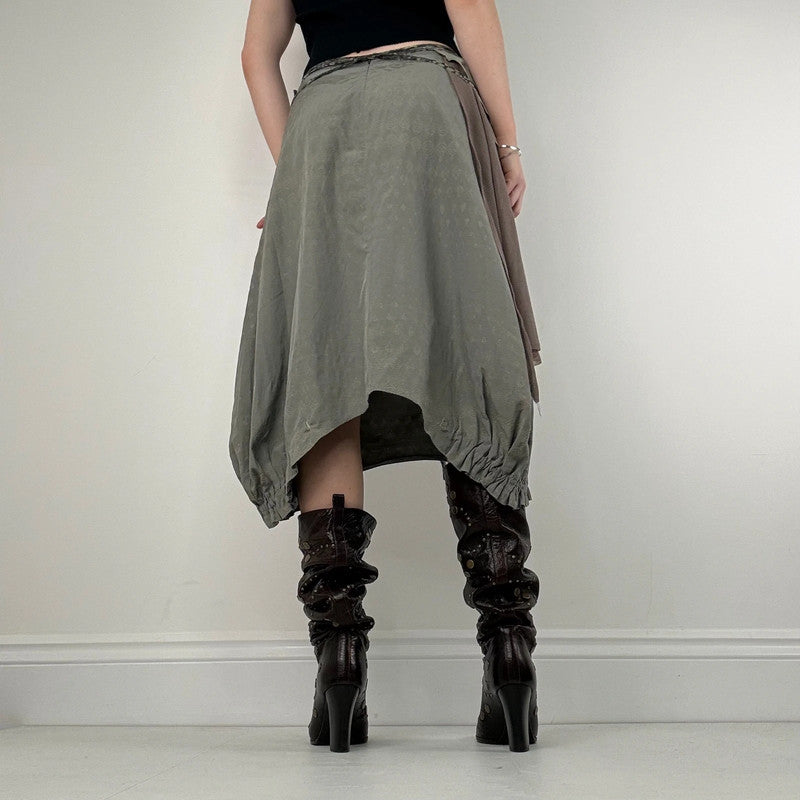 asymmetric gathered puff pleated khaki midi skirt